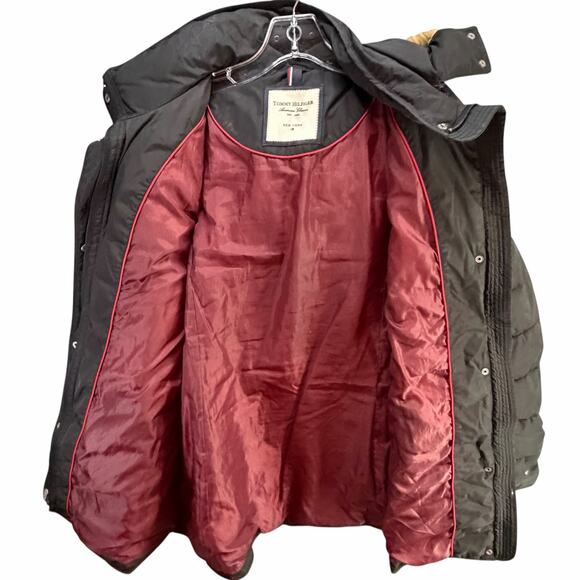 Tommy Hilfiger Puffer Coat Womens XL Black Faux Fur Trim Hooded Warm Outdoor Y2K - Picture 3 of 16